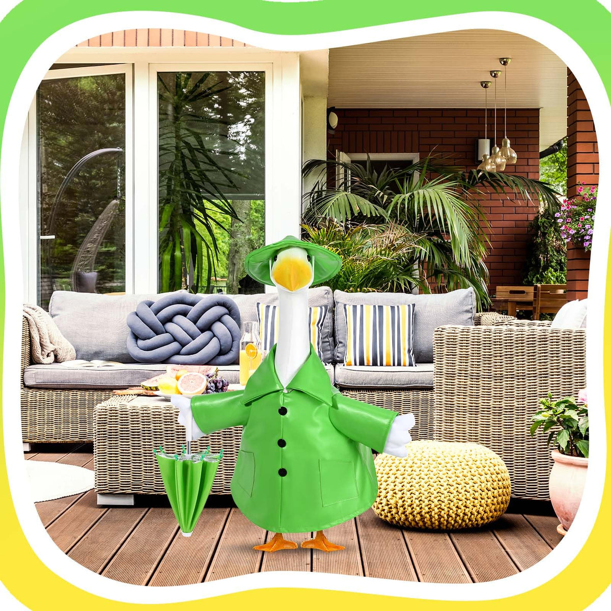 Kuscul summer garden decoration featuring a green raincoat goose in a sunny yard.