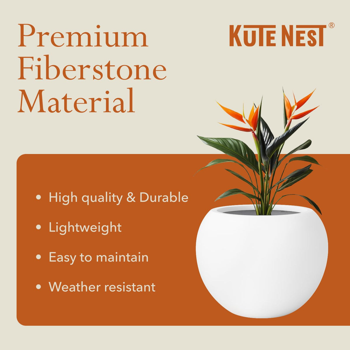 KUTE NEST Globo fiberstone planter weather-resistant coating visible on exterior.