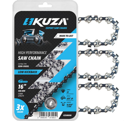 KUZA 16-inch chain with 38lp pitch and 57 links for Echo and Worx compatibility.