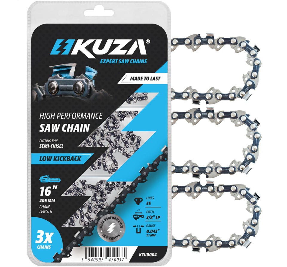 KUZA 16-inch chain with 38LP pitch and 0.043 gauge for durable German steel performance.