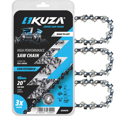 KUZA 72LPX70CQ 20-inch chain closeup shows German steel durability for lasting cuts