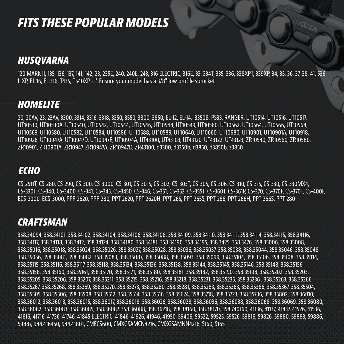 KUZA compatibility with Husqvarna, Greenworks, Craftsman, and more.
