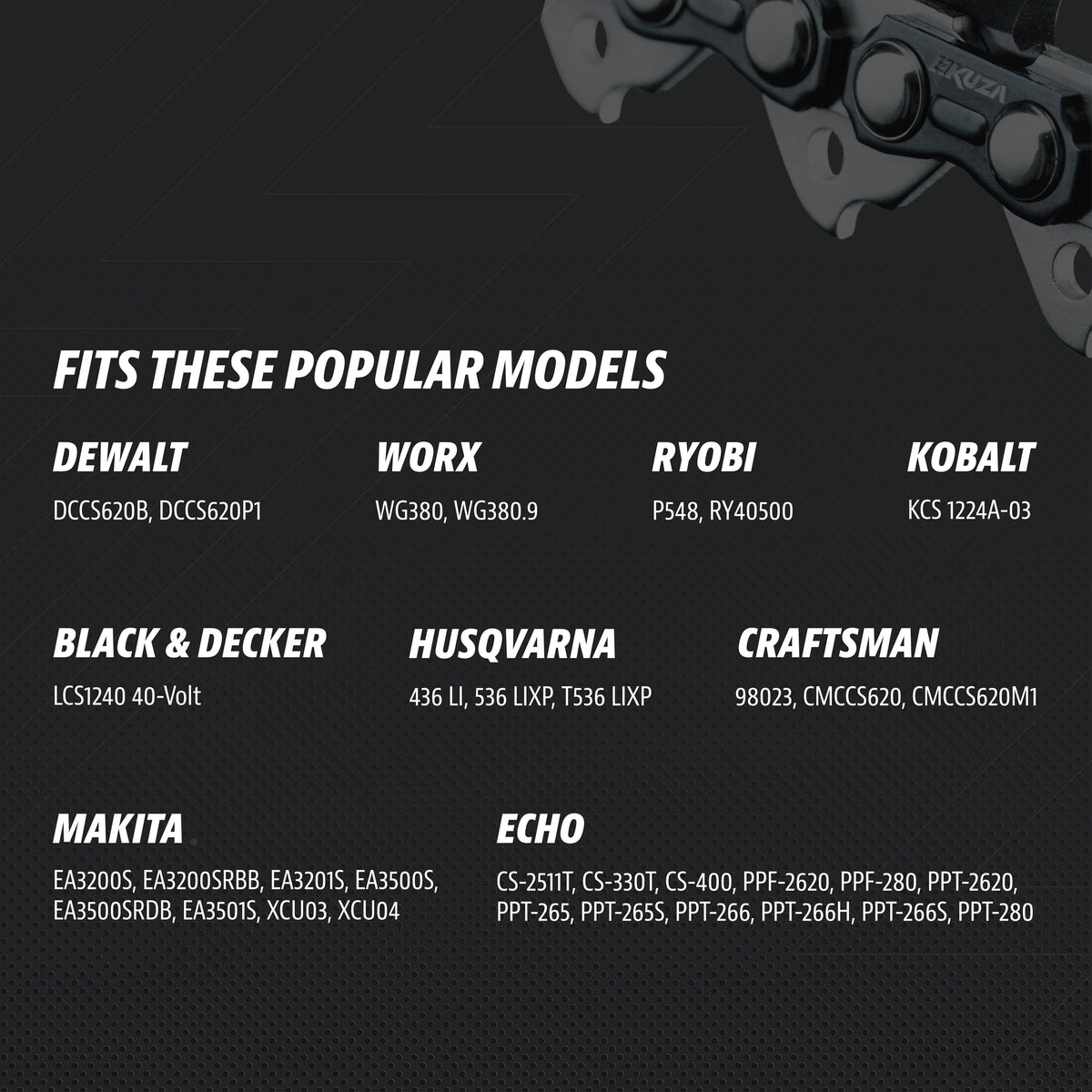 KUZA compatibility with DEWALT, Husqvarna, Echo and Makita models.
