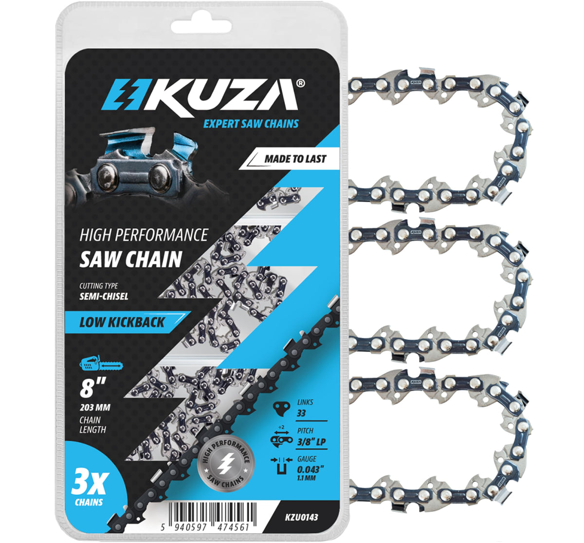 KUZA premium 8-inch chain with 3/8 pitch and 0.043 inch gauge for durable cuts.