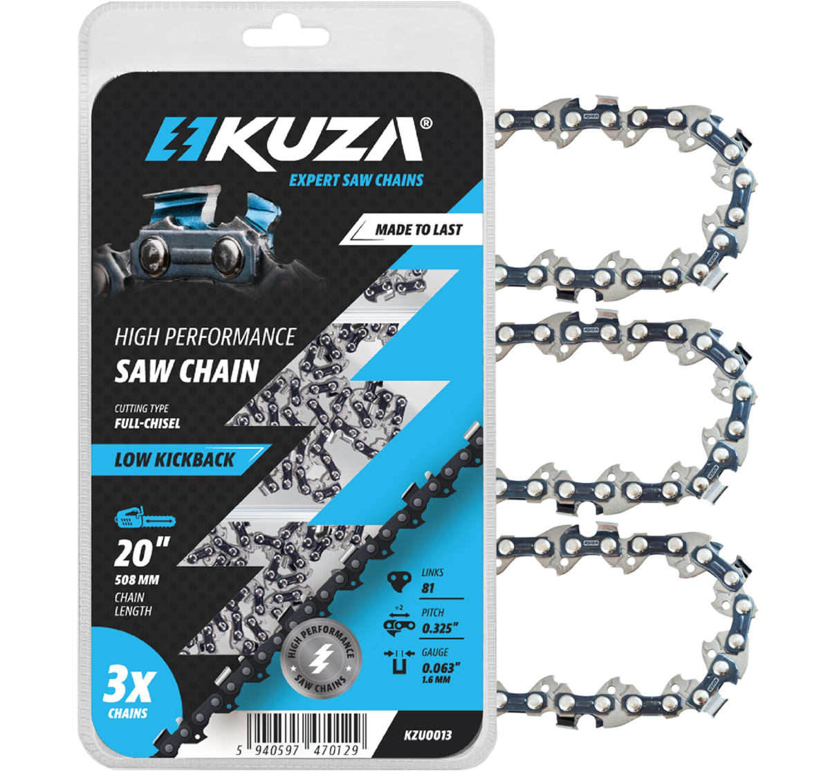 KUZA STIHL 20-inch chain in packaging highlights German steel durability for demanding work.
