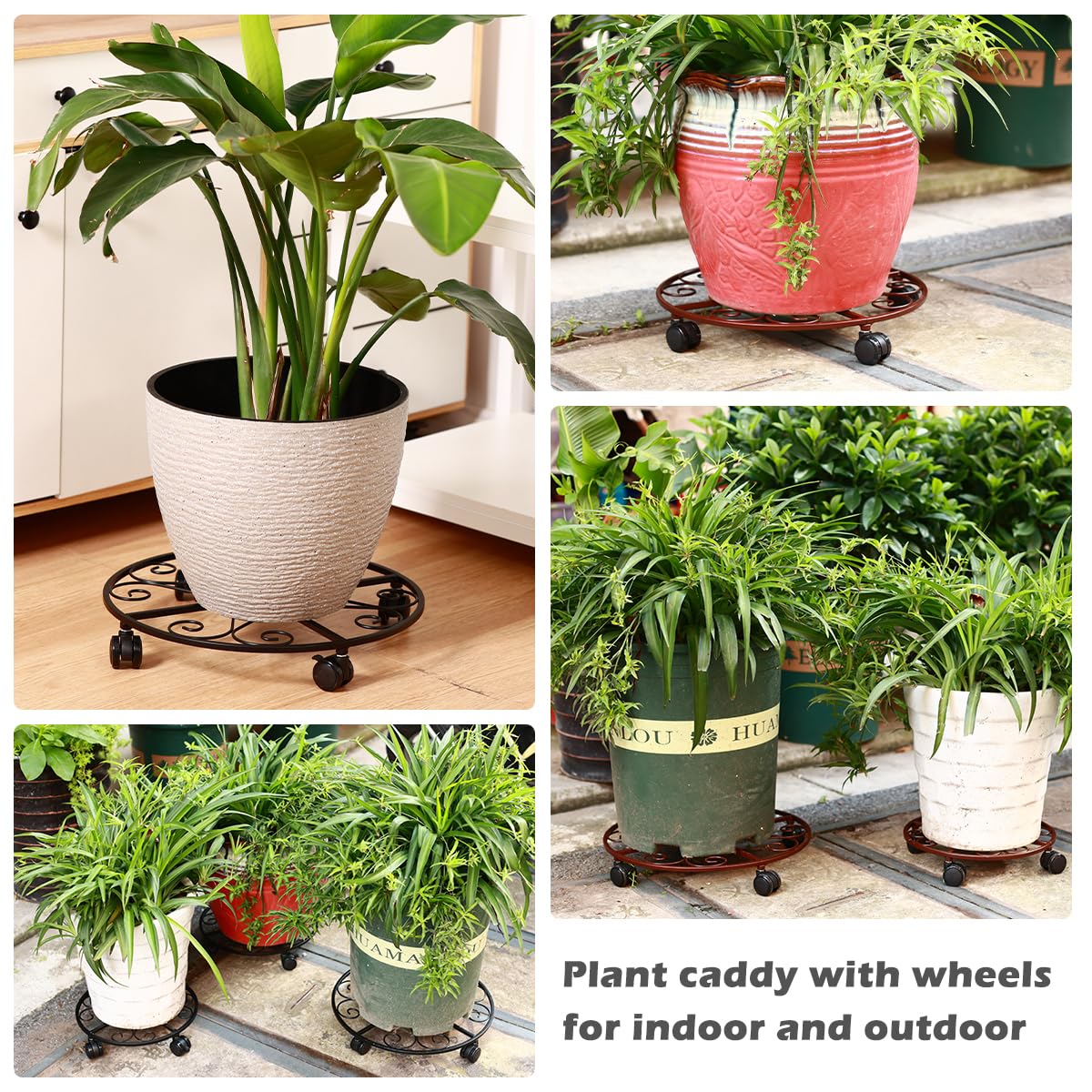 Stylish black finish enhances any indoor or outdoor plant arrangement.