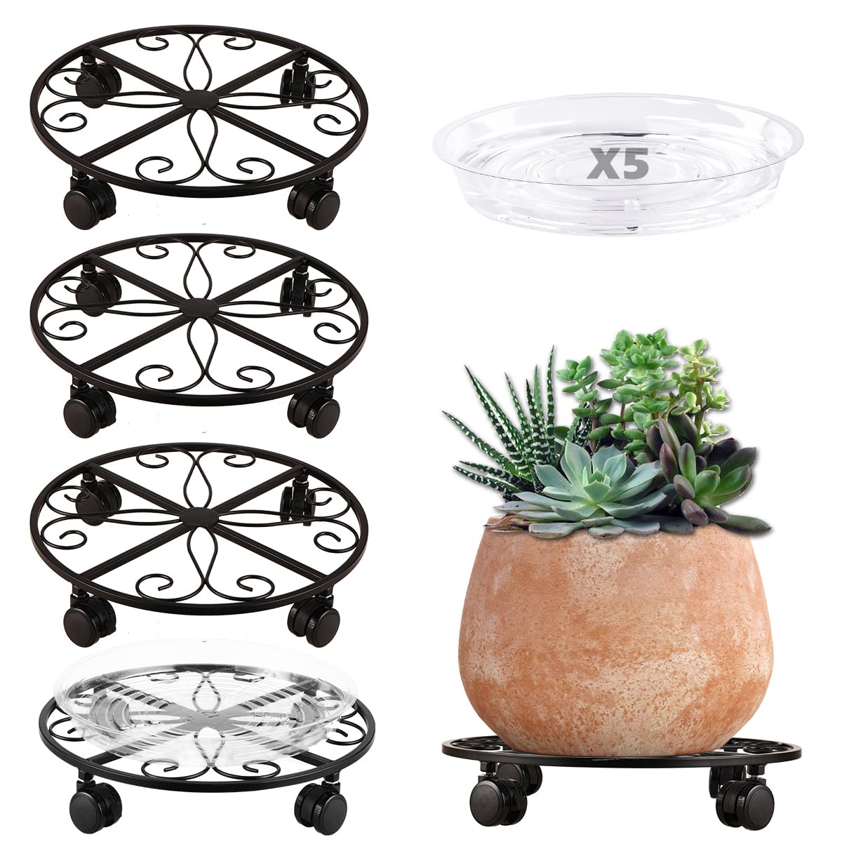 KvyusFlourish plant caddy on wheels, 12-inch black, easy movement for heavy pots.