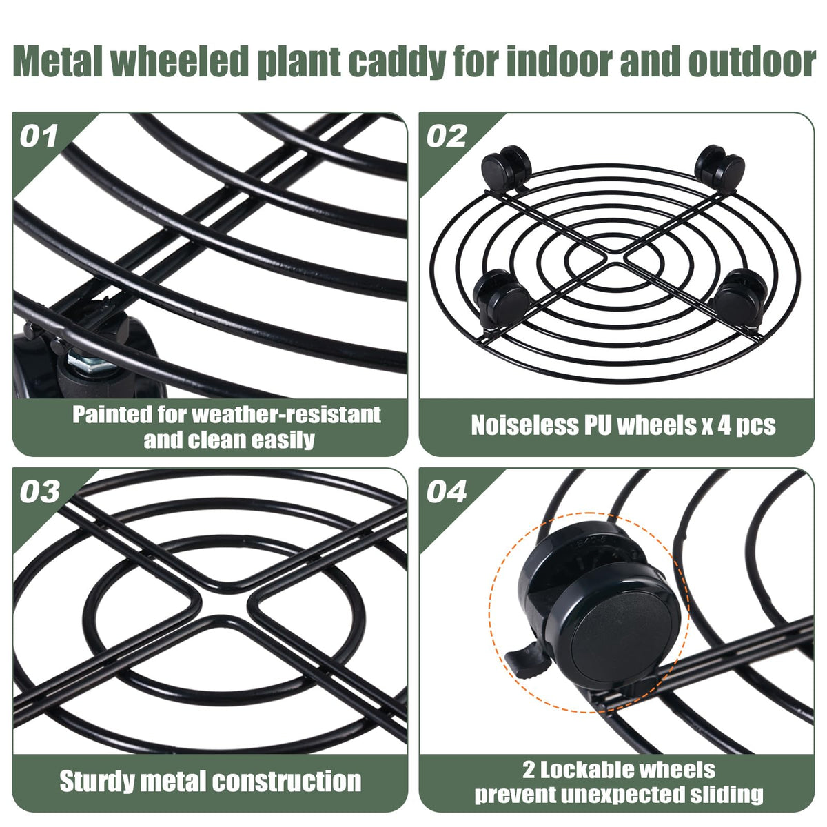 KvyusFlourish rolling plant stand close-up highlights noiseless PU wheels.