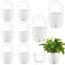 KvyusFlourish self-watering pots in white provide low-maintenance hydration for indoor plants.