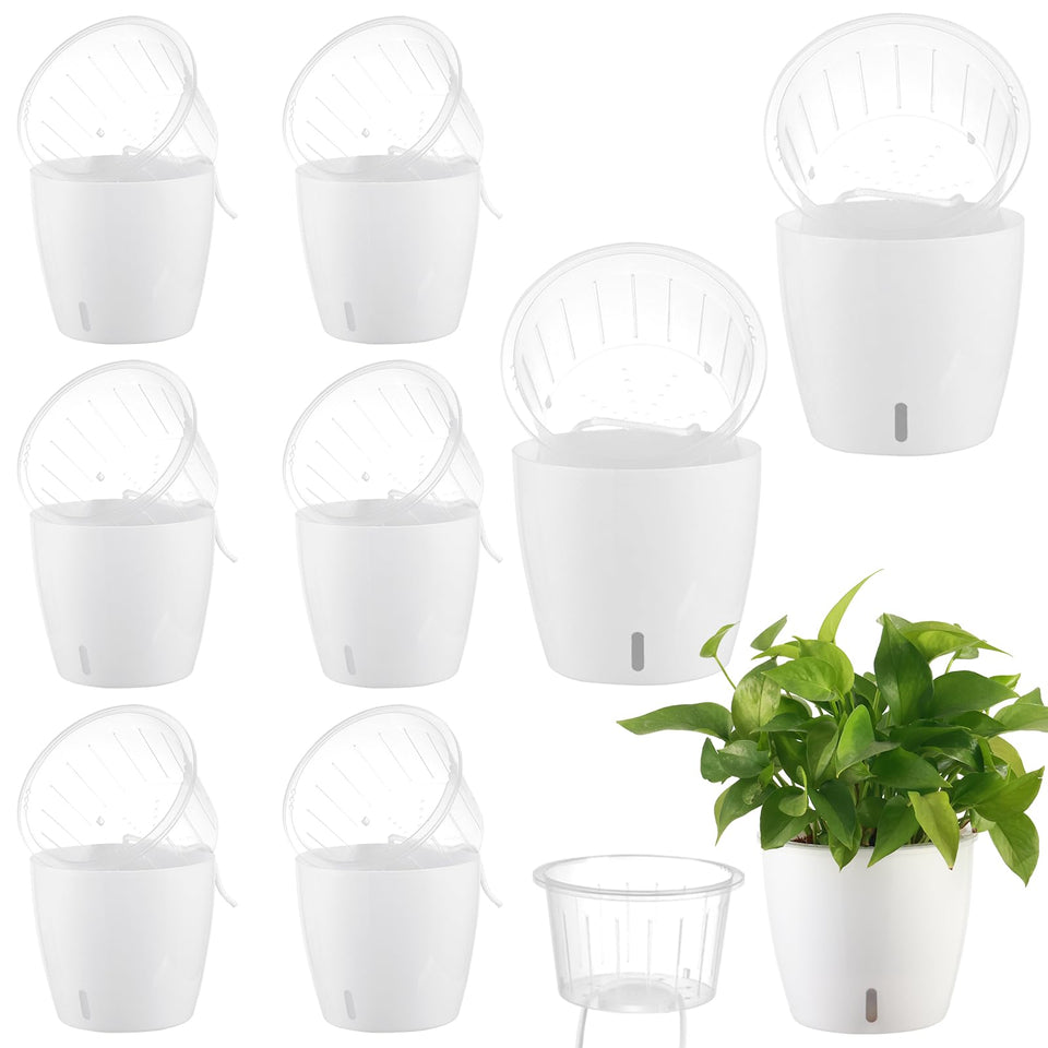 KvyusFlourish self-watering pots in white provide low-maintenance hydration for indoor plants.