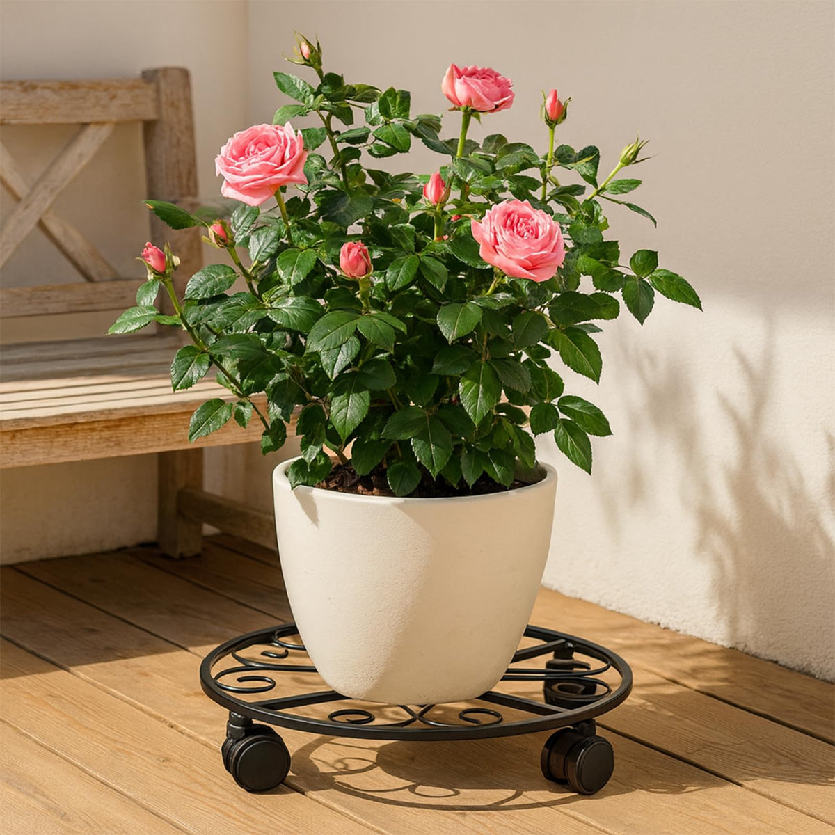Easy setup with a durable, aesthetic rolling stand for plants.