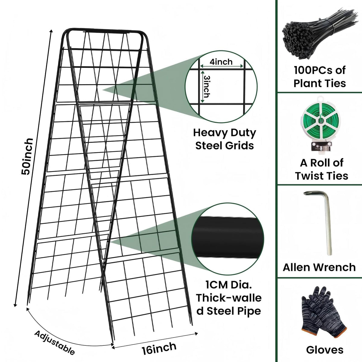 Kweetle A-Frame trellis extended height, adapts as plants grow.