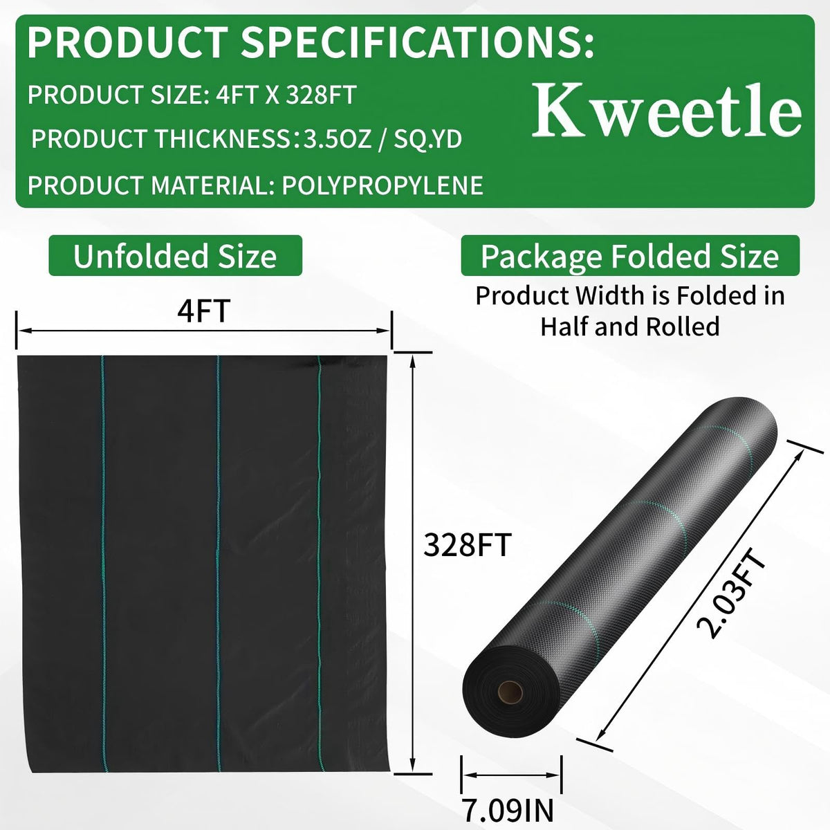 Kweetle ground cover 1312 sq ft laid over soil, protecting beds.