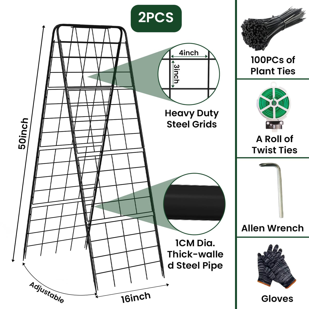 Kweetle heavy-duty metal grid trellis provides strong support for heavy crops.