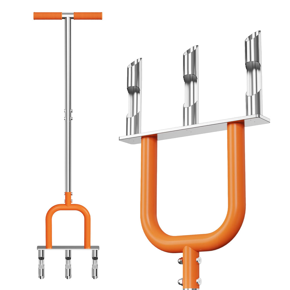 Kweetle lawn aerator with three hollow tines improves soil penetration for healthier roots