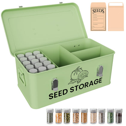Kweetle seed storage box with metal green lid protects seeds for long-term storage.