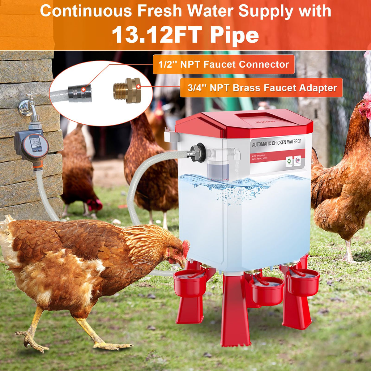 Kweetle 158-inch hose allows flexible placement in the coop or garden