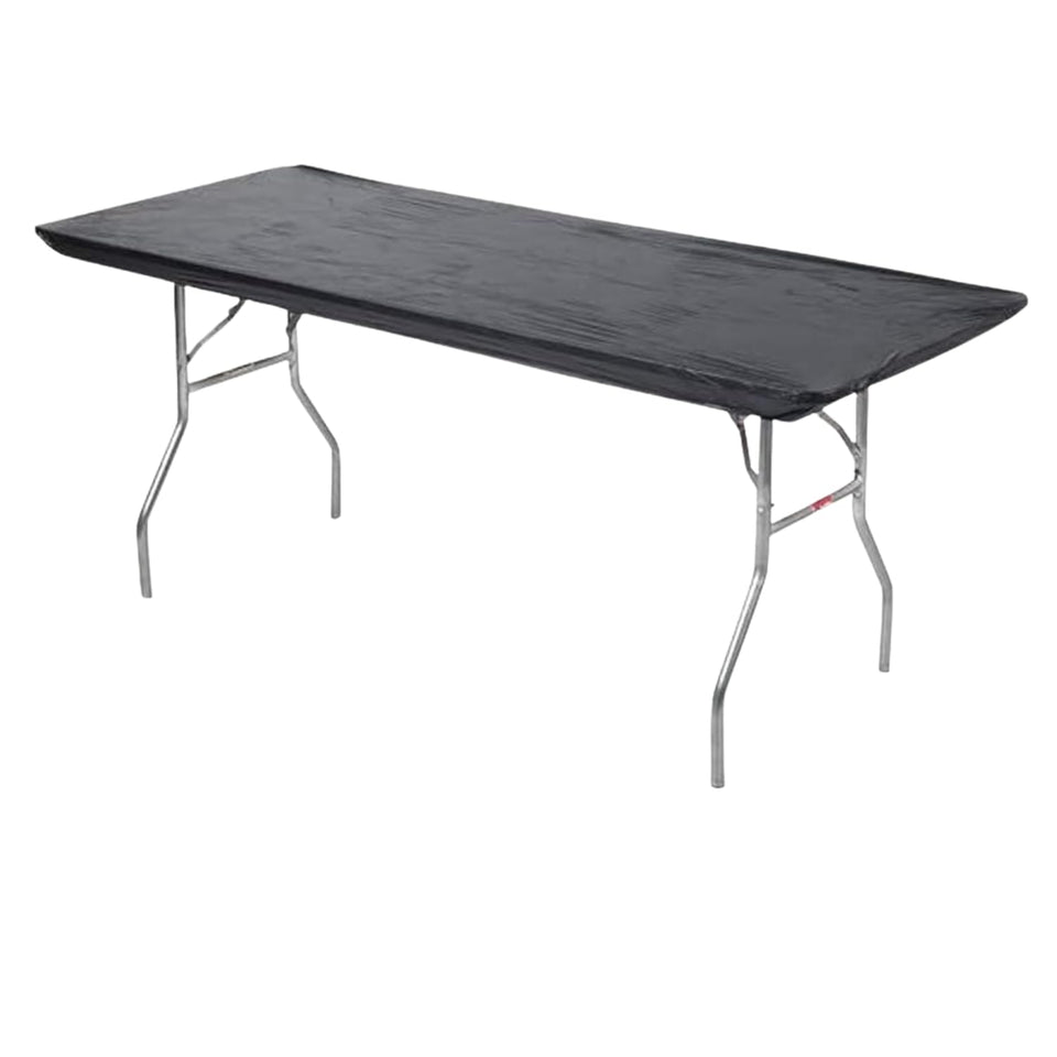Kwik-Covers 6ft black table cover shown over a banquet table, wind-resistant