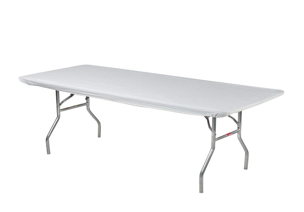 Kwik-Covers 8ft rectangular table cover installed, secure fit with elastic edging.