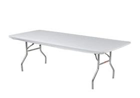 Kwik-Covers 8ft rectangular table cover installed, secure fit with elastic edging.