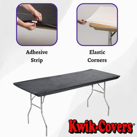 Kwik-Covers adhesive-strip backing adds extra hold along the table sides.