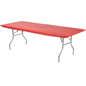 Kwik-Covers Real Red 8ft table cover on table for secure, clean event setup.