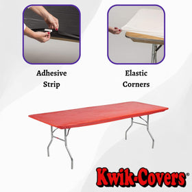 Kwik-Covers red 6ft table cover elastic edging close-up shows snug grip