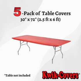 Kwik-Covers red 6ft rectangle table cover on table edge demonstrates a secure fit