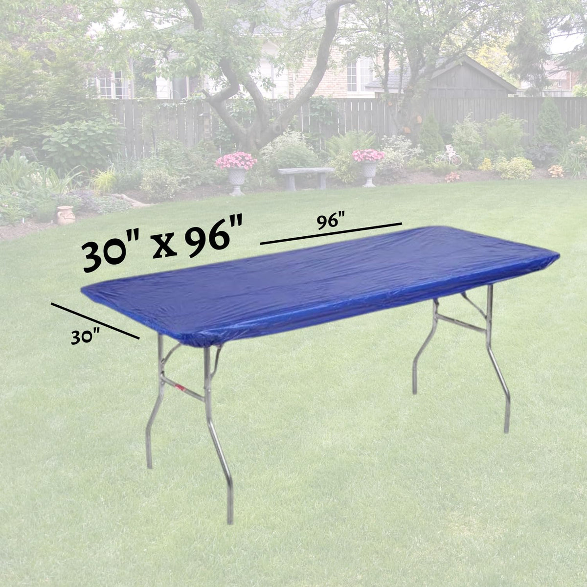 Royal blue Kwik-Covers on an 8ft table during setup