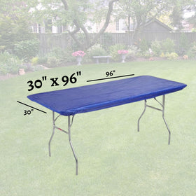 Royal blue Kwik-Covers on an 8ft table during setup