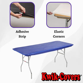 Close-up of Kwik-Covers 4-inch adhesive tape on royal blue table cover