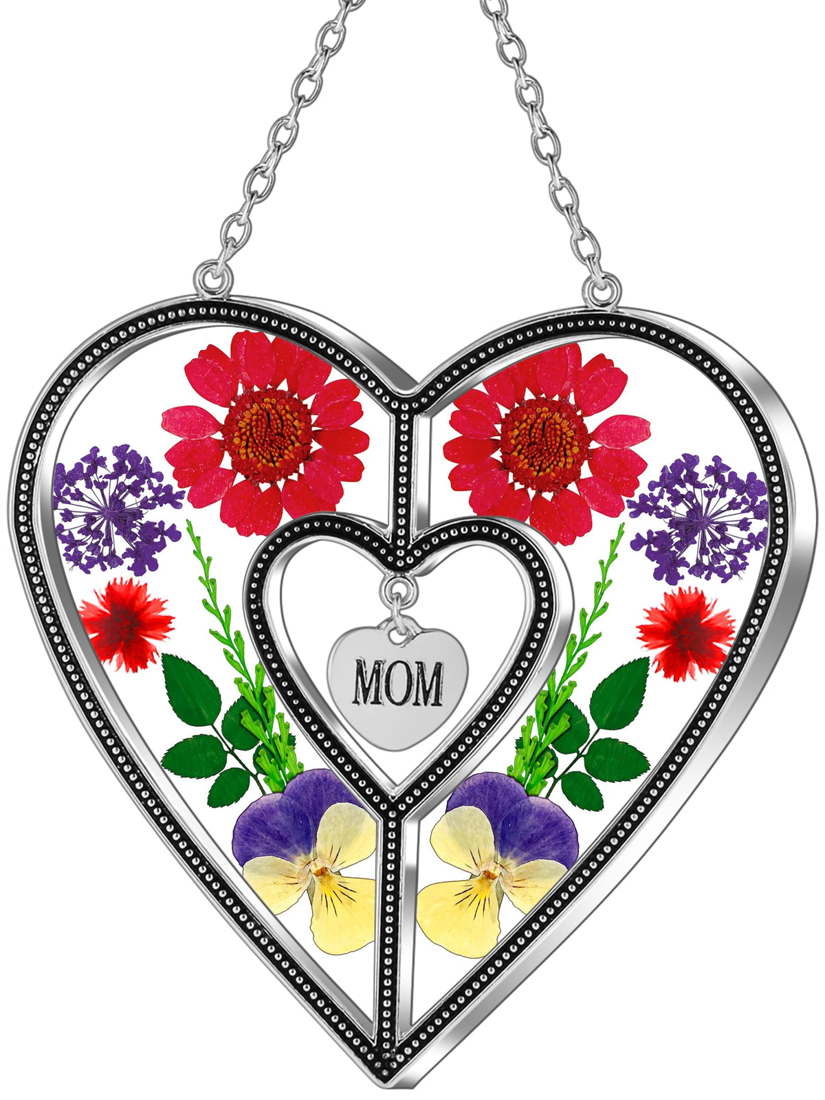 KY&BOSAM heart suncatcher with pressed flowers enhances natural window light