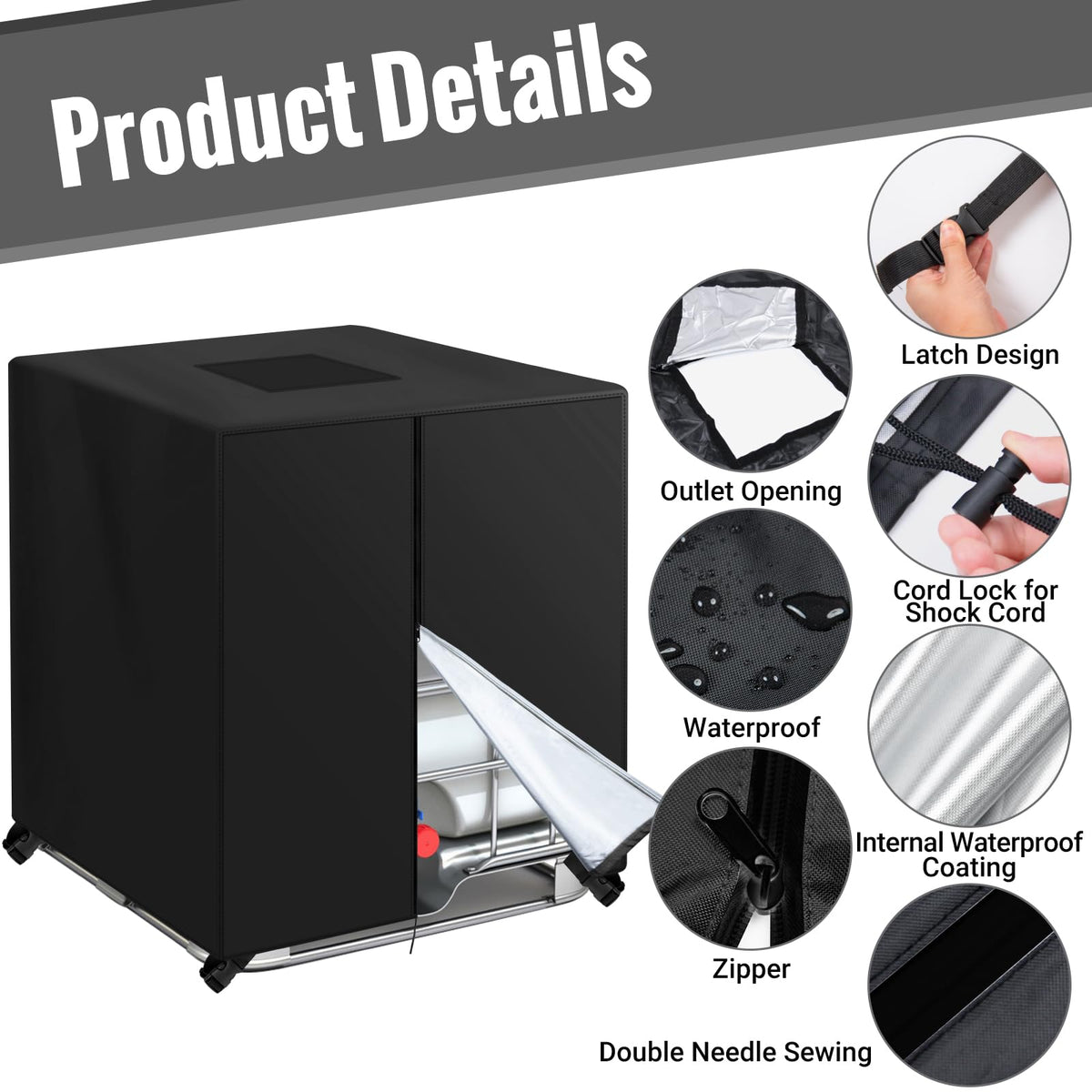 KY-HUAEN IBC Tote Cover side view showing rugged 420D material for outdoor durability.