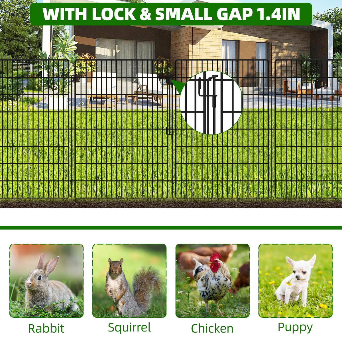 KYATE 15-panels garden fence with lock demonstrates secure gate access for safety.