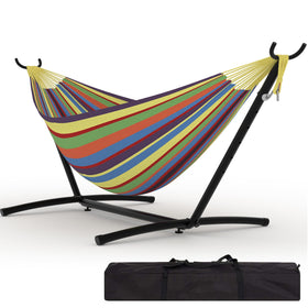 KYBOLT double hammock stand outdoors with quick tool-free outdoor-assembly-guide.