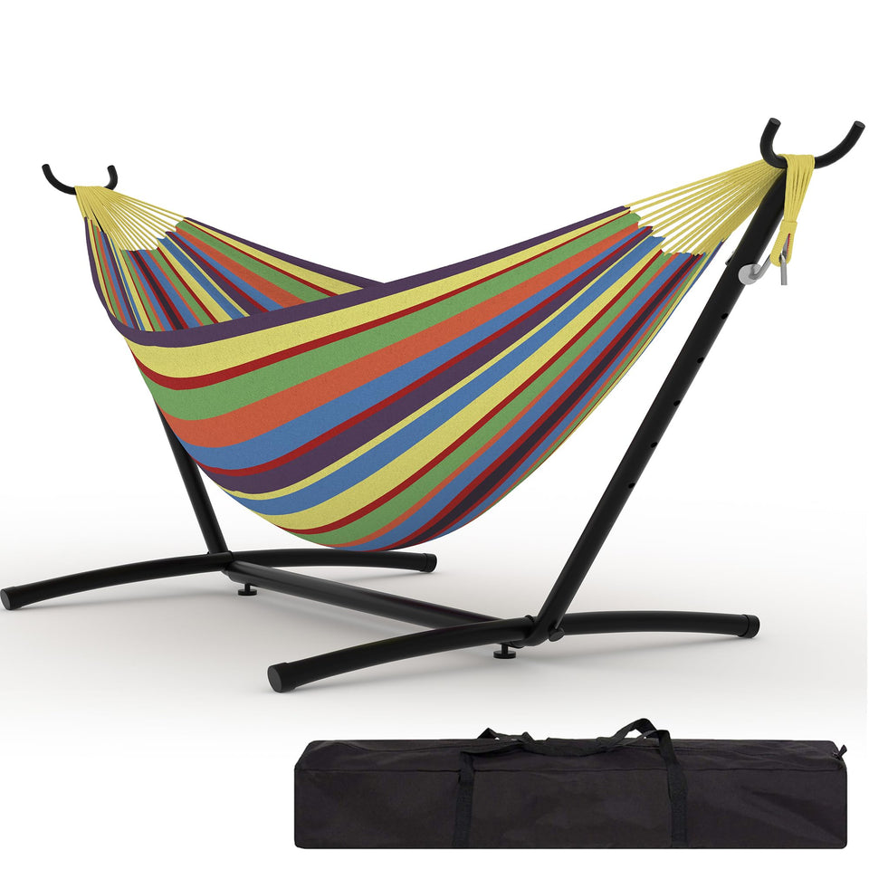 KYBOLT double hammock stand outdoors with quick tool-free outdoor-assembly-guide.