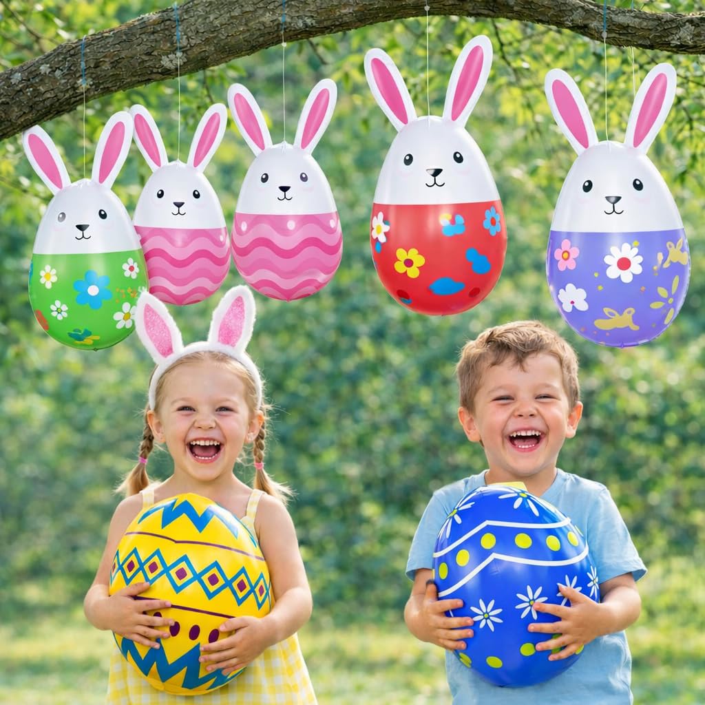 KYRGEU inflatable Easter egg bunny-hybrid porch display adds festive charm outdoors.