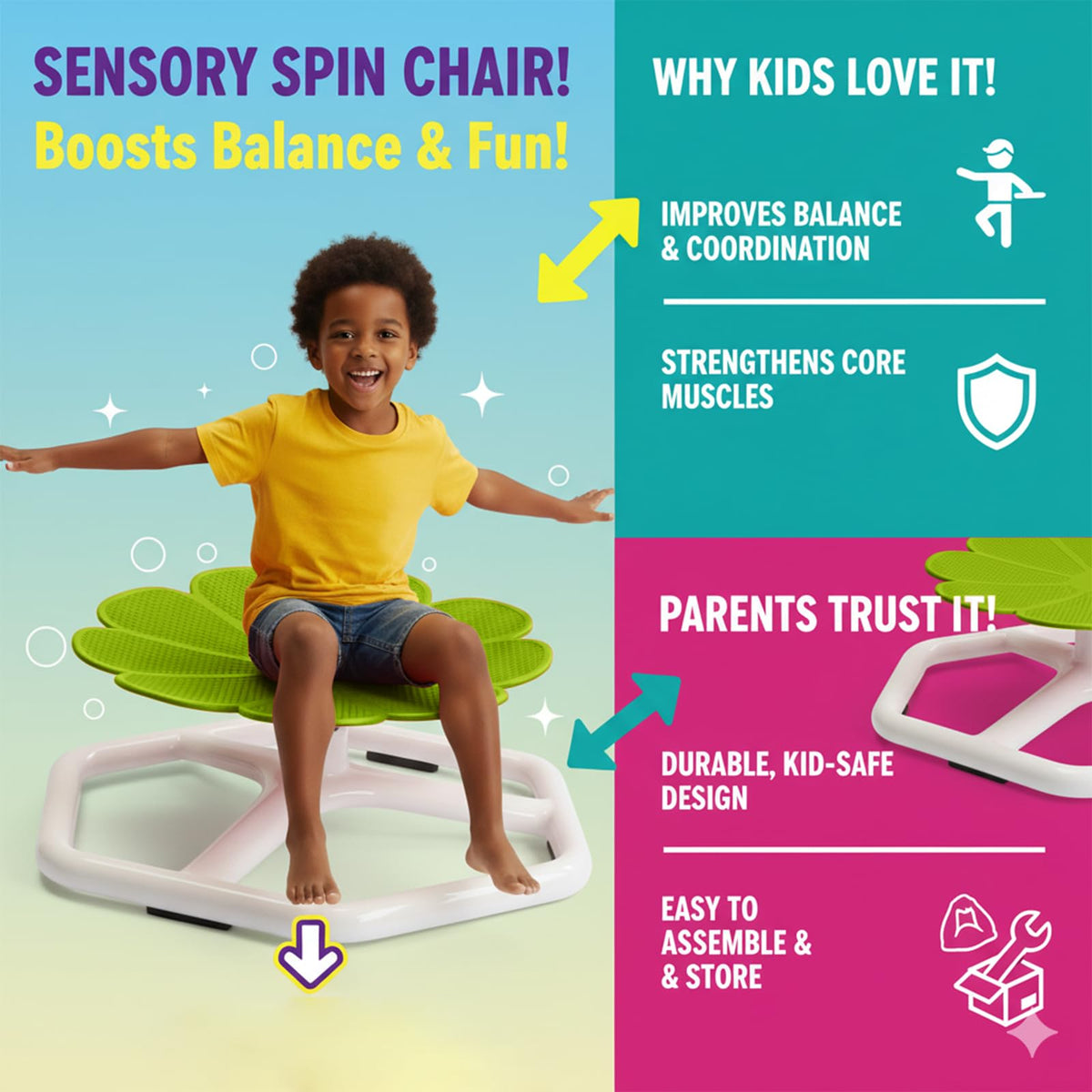 KYZDZQ spinning chair demonstrates sitting and kneeling for coordination.