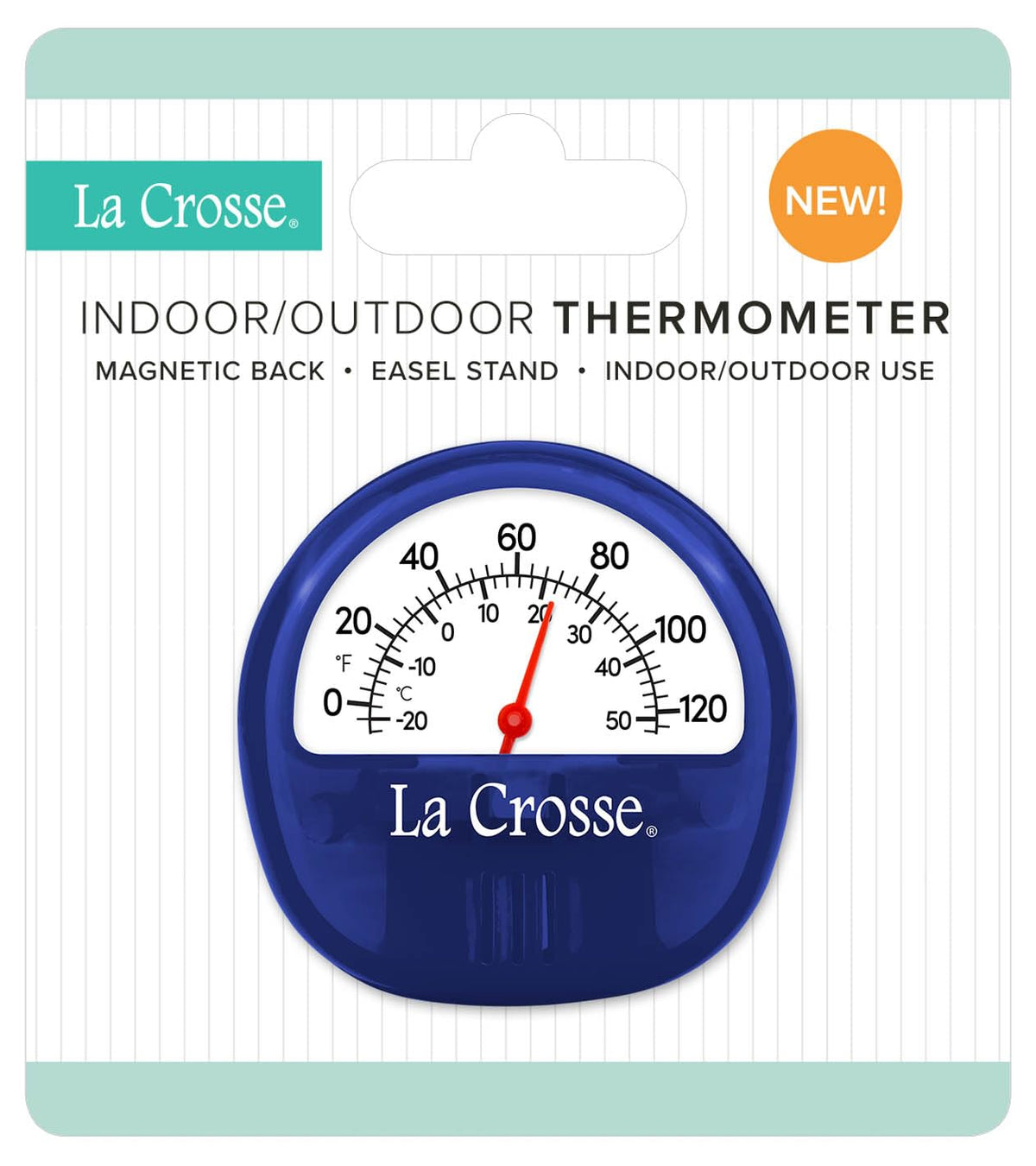 La Crosse 104-106BL thermometer with easel stand for desk or wall placement.