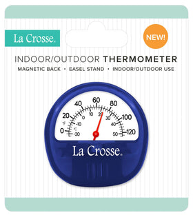 La Crosse 104-106BL thermometer with easel stand for desk or wall placement.