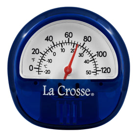La Crosse 104-106BL blue analog thermometer front view for quick room temperature checks.