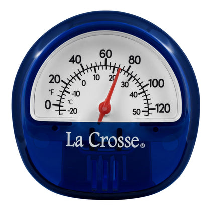 La Crosse 104-106BL blue analog thermometer front view for quick room temperature checks.