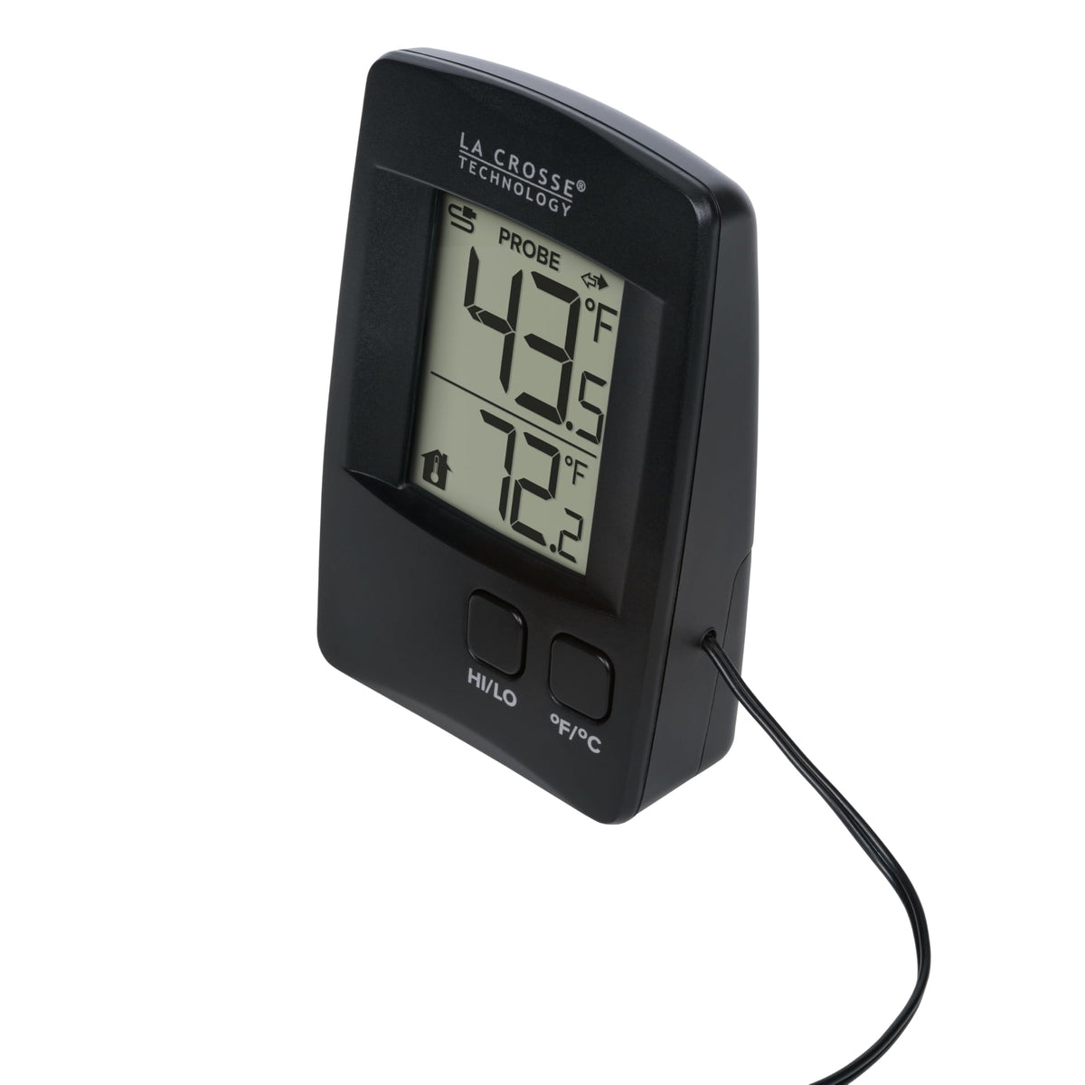 La Crosse 314-1410 digital display with easy Fahrenheit/Celsius readings.