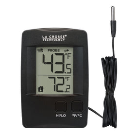 La Crosse 314-1410 digital thermometer with wired probe shows precise temps for refrigerators.
