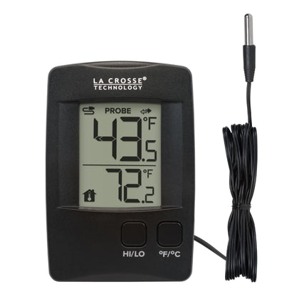 La Crosse 314-1410 digital thermometer with wired probe shows precise temps for refrigerators.
