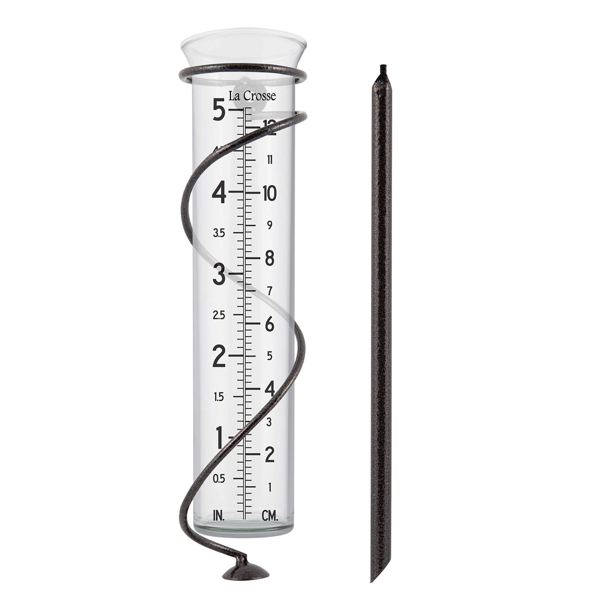 La Crosse spiral rain gauge glass tube for accurate outdoor rainfall measurement.