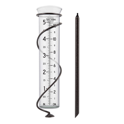 La Crosse spiral rain gauge glass tube for accurate outdoor rainfall measurement.