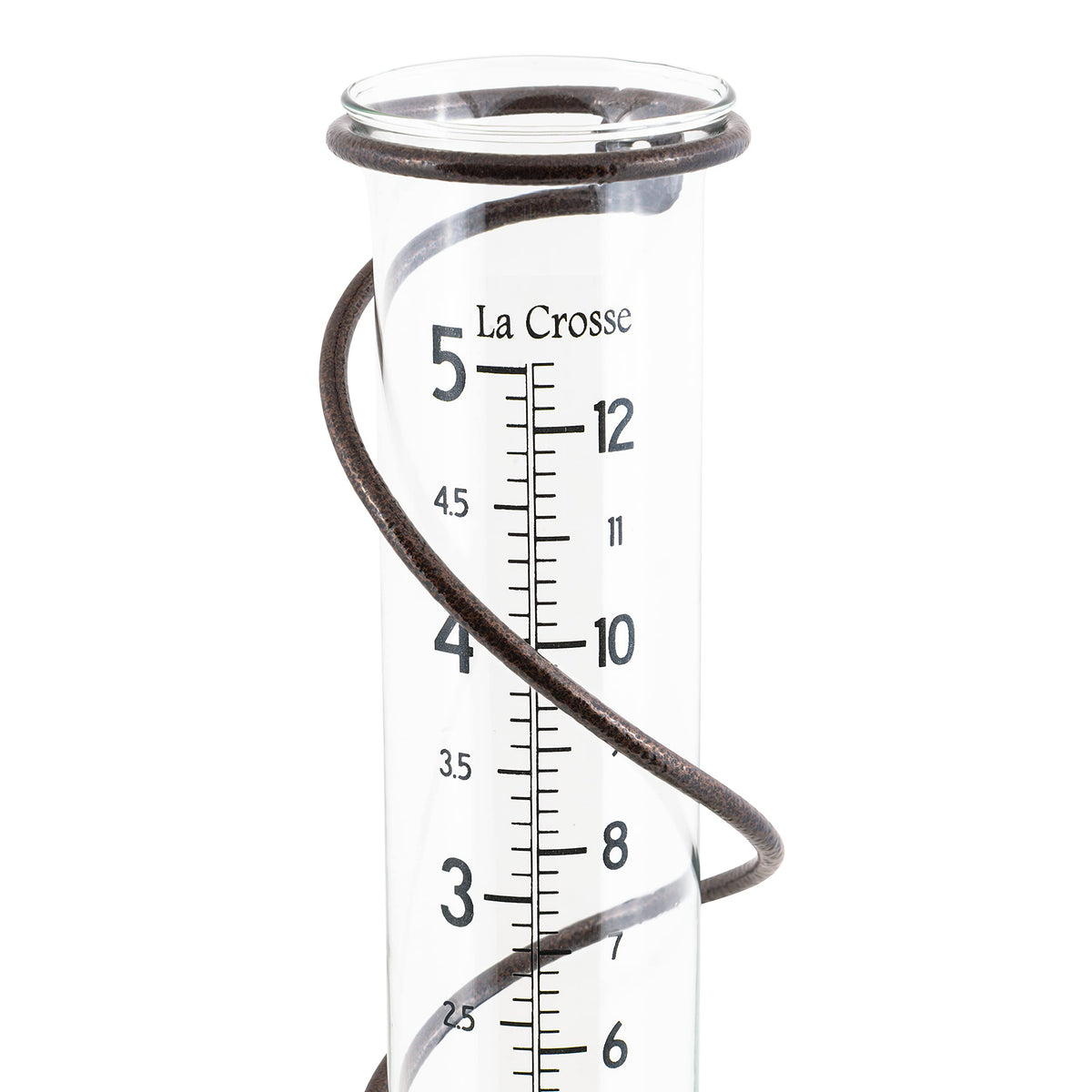 La Crosse spiral stand design enhances yard aesthetics while tracking rainfall.