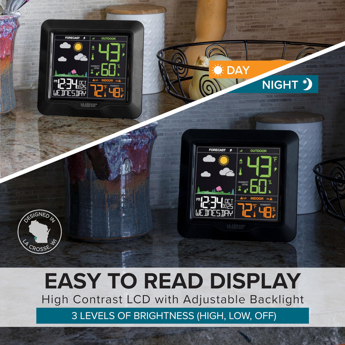 La Crosse L78571 adjustable backlight control for energy-efficient viewing