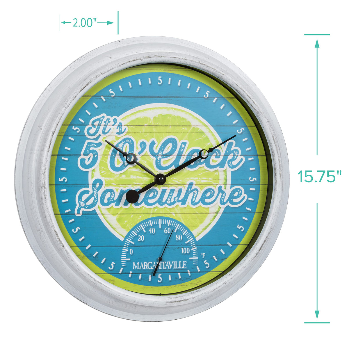 La Crosse Technology Margaritaville clock dial detail showing It’s 5 O’Clock Somewhere.